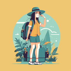 Tourism flat illustration. Woman with baggage. Tourist with a suitcase. Adventure vector of a lady traveling with backpack. 