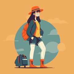 Tourism flat illustration. Woman with baggage. Tourist with a suitcase. Adventure vector of a lady traveling with backpack. 