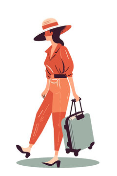 Tourism flat illustration. Woman with baggage. Tourist with a suitcase. Adventure vector of a lady traveling with backpack. 