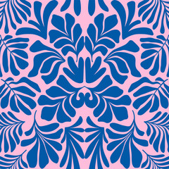 Pink blue abstract background with tropical palm leaves in Matisse style. Vector seamless pattern.