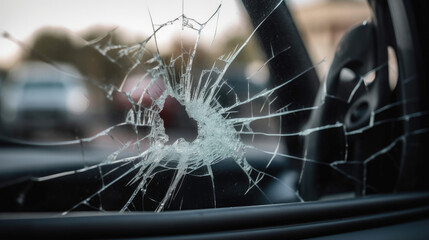 Broken glass in car window, Generative AI