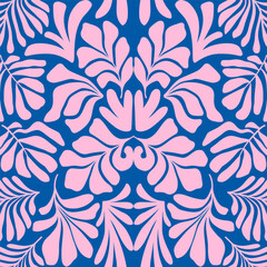 Fototapeta premium Pink blue abstract background with tropical palm leaves in Matisse style. Vector seamless pattern.