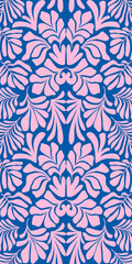 Pink blue abstract background with tropical palm leaves in Matisse style. Vector seamless pattern.