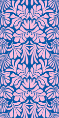 Pink blue abstract background with tropical palm leaves in Matisse style. Vector seamless pattern.