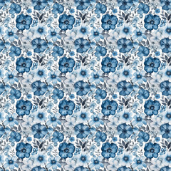 Watercolor blue flora pattern, spring flower with leaves, romantic texture background, generative ai