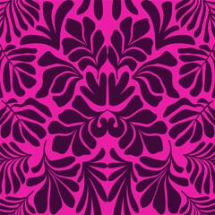 Purple pink abstract background with tropical palm leaves in Matisse style. Vector seamless pattern.