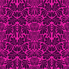Purple pink abstract background with tropical palm leaves in Matisse style. Vector seamless pattern.