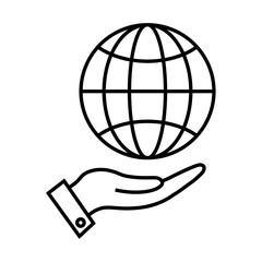 Globe in hand line icon in flat style. Planet Earth on hand symbol on white background. Simple abstract icon in black. Vector illustration for graphic design, Web, UI, mobile app.