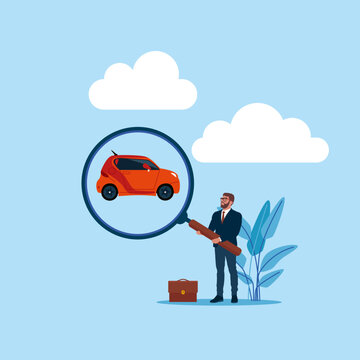 Searching and choosing a suitable car. Businessman found his car. Modern vector illustration in f