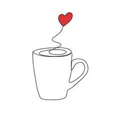 One line drawing coffee. Cup with heart, cappuccino, latte art, symbol of love and relaxation.