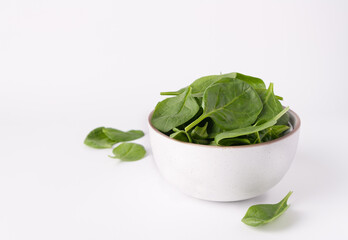 white ceramic bowl with spinach, copy space