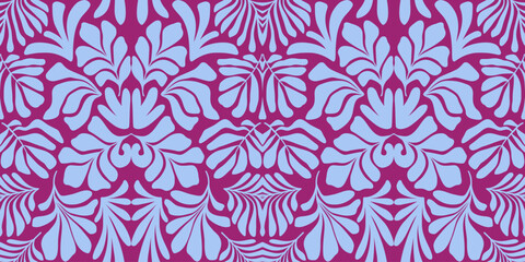 Purple blue abstract background with tropical palm leaves in Matisse style. Vector seamless pattern.