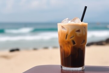 Ice coffee beverage on marble surface with blurred sea beach. Lifestyle.The concept of relaxation on the ocean. generative ai.