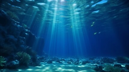 An underwater AI generated illustration of tropical blue clear waters with fractal light rays from above