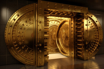 a huge futuristic golden vault gate, the safest place in the world, bank safe, generative ai  - obrazy, fototapety, plakaty