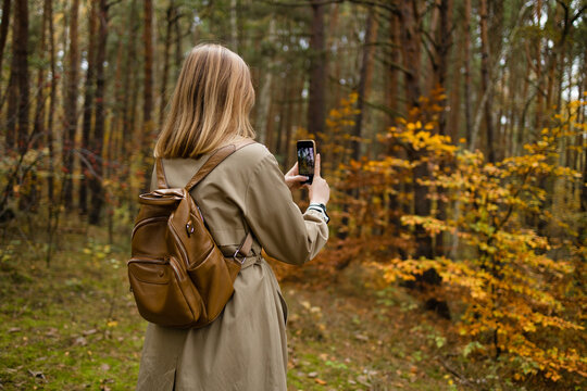 Caucasian woman traveling and taking photo by mobile phone at autumn forest nature. Travel vacations concept. High quality photo