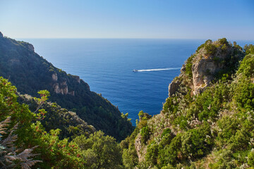 Fototapeta na wymiar Breathtaking panoramic view from Conca dei Marini along the main road of the Amalfi Coast.