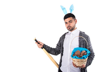 Young attractive student dressed as a rabbit on Easter holiday.	Happy man. 