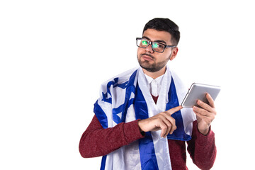 Young attractive man with the Israeli flag. Happy man. 