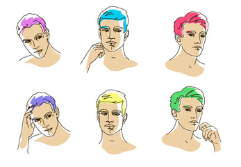 Set male avatar vector lineart color illustration. Man Minimalist Logo.