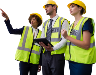 Architects in reflective clothing looking away while tablet computer