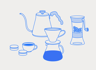 Pour over, the kettle, a cup of coffee, a grinder, and macaron. Line art, retro. Vector illustration for coffee shops, cafes, and restaurants.