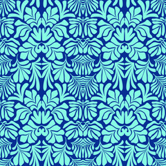 Fototapeta premium Turquoise blue abstract background with tropical palm leaves in Matisse style. Vector seamless pattern.