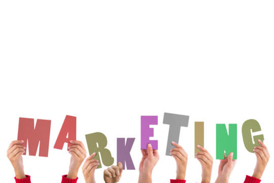 Colorful alphabet spelling marketing held up by people 