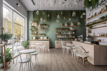 Generative AI illustration of an ecological and sustainable Coffee shop with recycled wood furniture, plants and lots of natural light