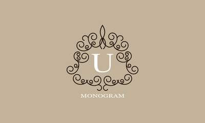 Logo template with elements of calligraphic elegant ornament and letter U in the center. Identity design for shop or cafe, store, restaurant, boutique, hotel, heraldry shop, fashion, etc.