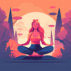Woman sitting in meditation pose with legs crossed. Yoga spiritual exercise minimalistic vector illustration.