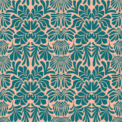 Peach green abstract background with tropical palm leaves in Matisse style. Vector seamless pattern.