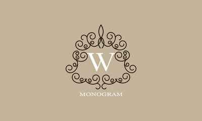 Logo template with elements of calligraphic elegant ornament and letter W in the center. Identity design for shop or cafe, store, restaurant, boutique, hotel, heraldry shop, fashion, etc.