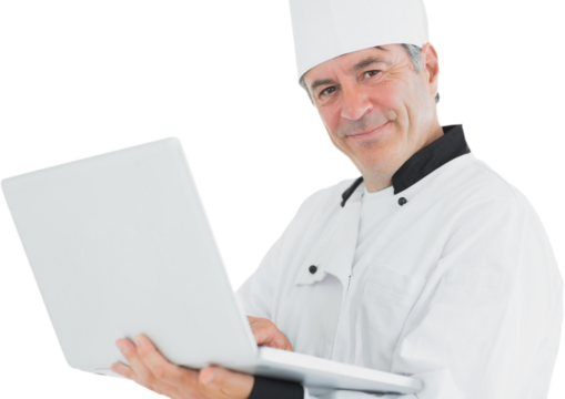 Portrait of a chef holding a laptop
