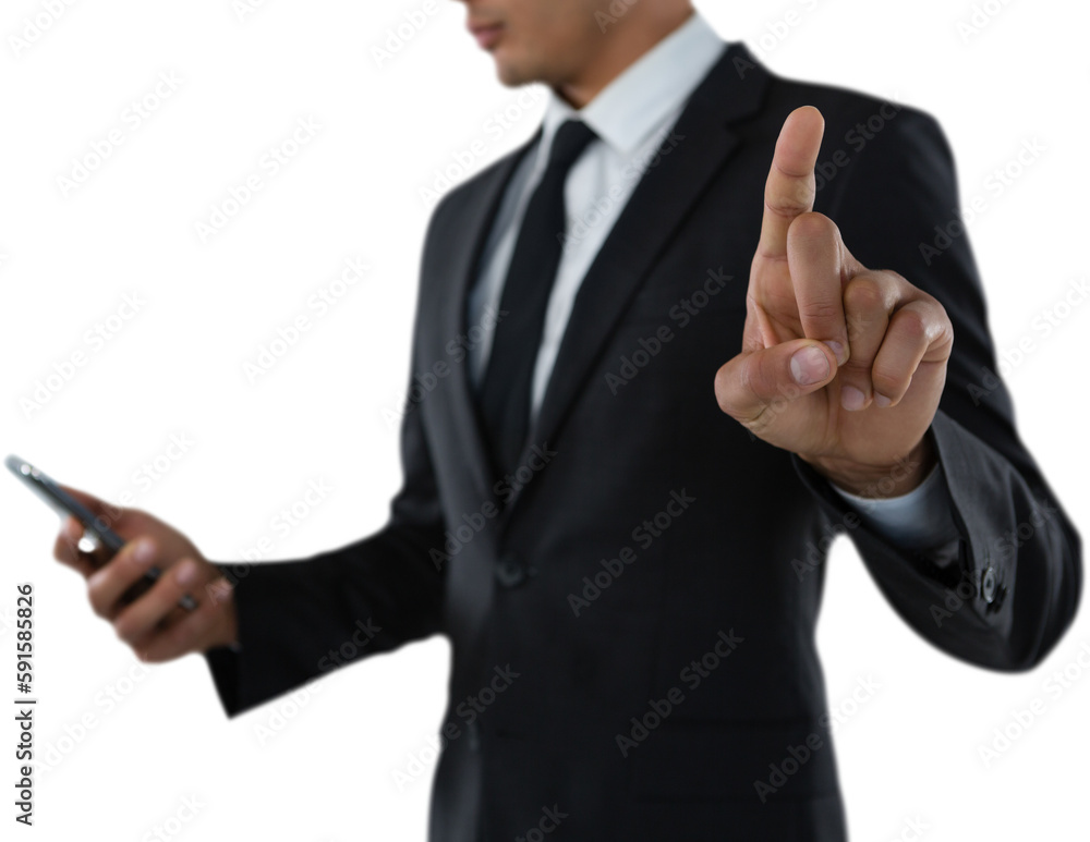 Poster mid section of businessman using phone while touching invisible interface