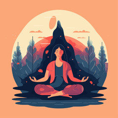 Woman sitting in meditation pose with legs crossed. Yoga spiritual exercise minimalistic vector illustration.