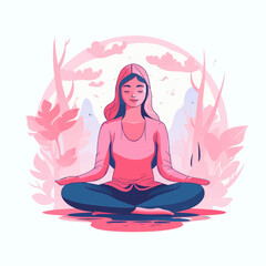 Obraz na płótnie Canvas Woman in meditation. Lotus pose sitting with legs crosse. Spiritual yoga exercise minimalistic vector.