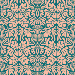 Peach green abstract background with tropical palm leaves in Matisse style. Vector seamless pattern.
