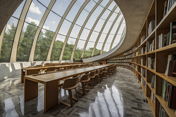 Obraz premium Generative AI illustration of Modern and futuristic recycled wood library with large window overlooking the outside.