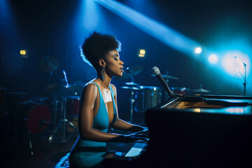 Fototapeta na wymiar Generative AI illustration of Gorgeous black woman with blue afro hair singing and playing the piano in a studio.Signer performig
