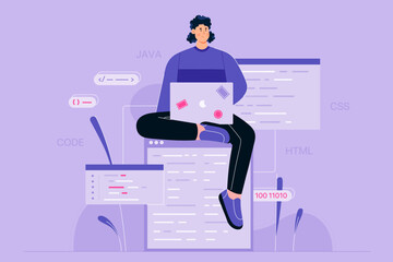 Script coding and programming. Cartoon professional programmer working with laptop online among windows and programs flat vector illustration. Code concept