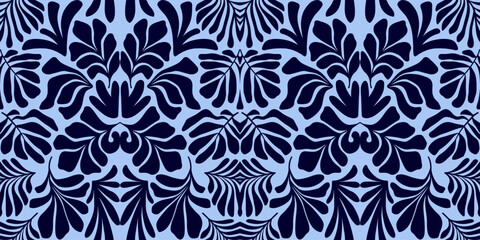 Blue abstract background with tropical palm leaves in Matisse style. Vector seamless pattern.