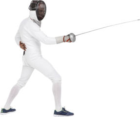 Man wearing fencing suit practicing with sword