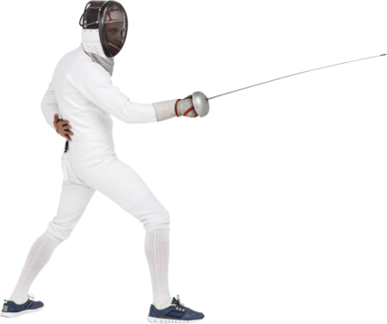 Man wearing fencing suit practicing with sword