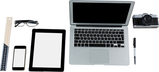 Laptop, digital tablet, mobile phone, camera, pen, ruler and spectacle