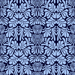 Fototapeta premium Blue abstract background with tropical palm leaves in Matisse style. Vector seamless pattern.
