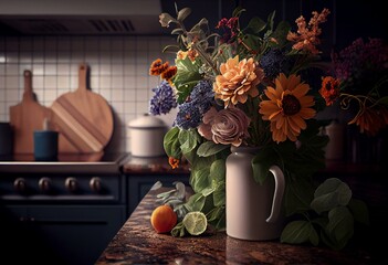Countertop blooms: brittle bouquet of foliage and flowers rests in the kitchen. Generative AI
