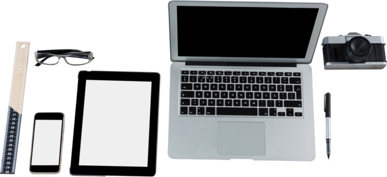Laptop, digital tablet, mobile phone, camera, pen, ruler and spectacle