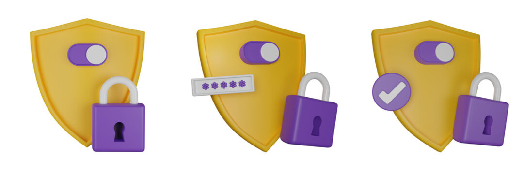 3D shield secure icon, lock password authentication render concept, secret personal data protection. Antivirus badge, internet fraud security safe clipart, VPN slider button. 3D shield padlock design