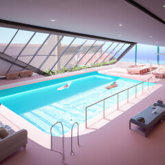 Modern swimming pool at terrace with natural daylight. Ai generated art.